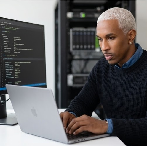 Christopher Walters working on a MacBook in a professional technology environment